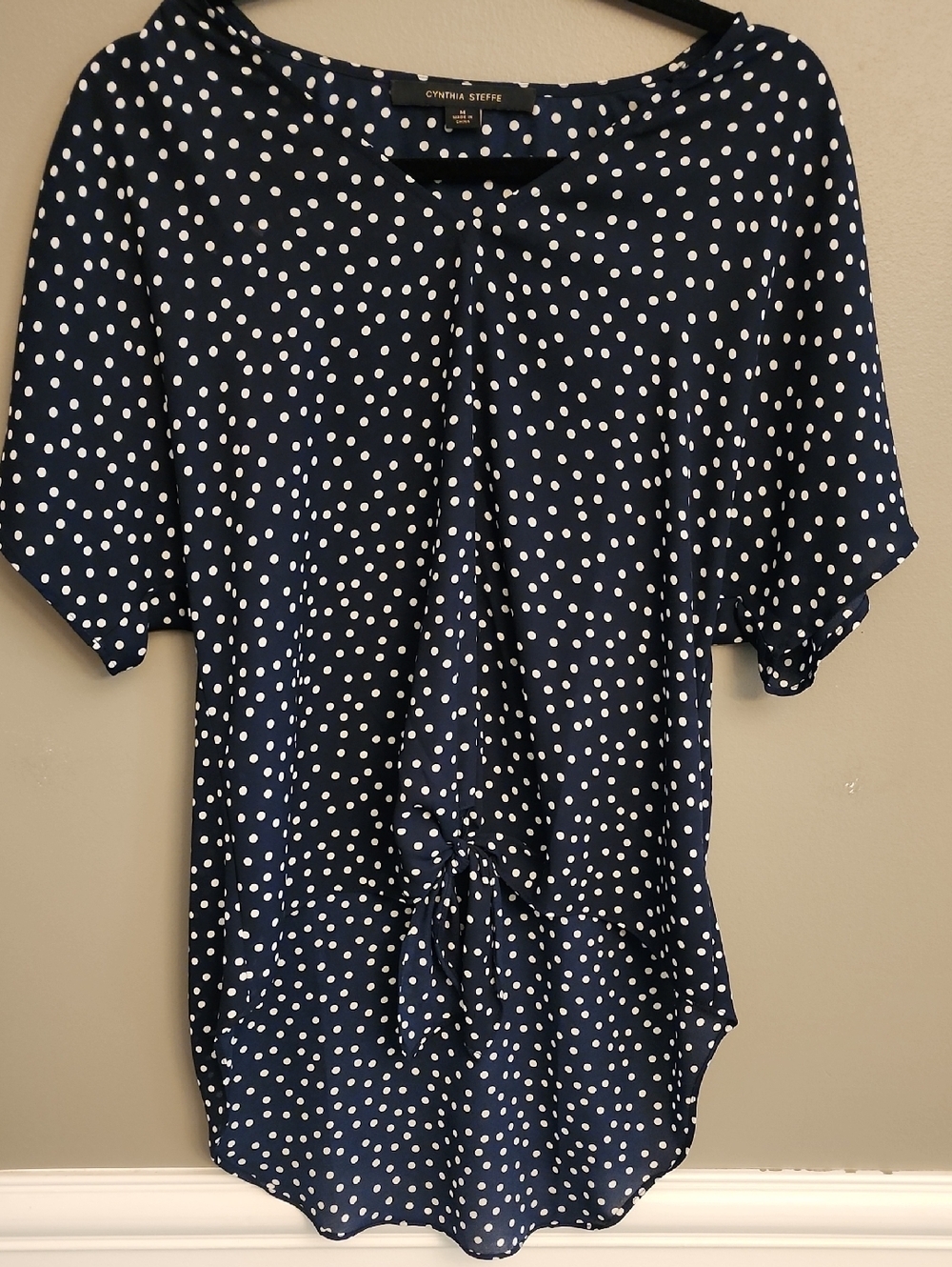 Cynthia Steffe Navy and White Polka Dot Tie-Front Blouse